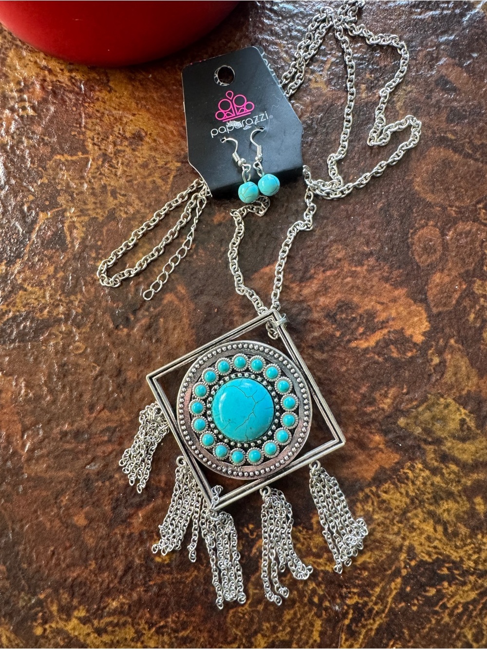 Paparazzi Southwestern Boho Faux Turquoise & Silver Fringe Necklace Set